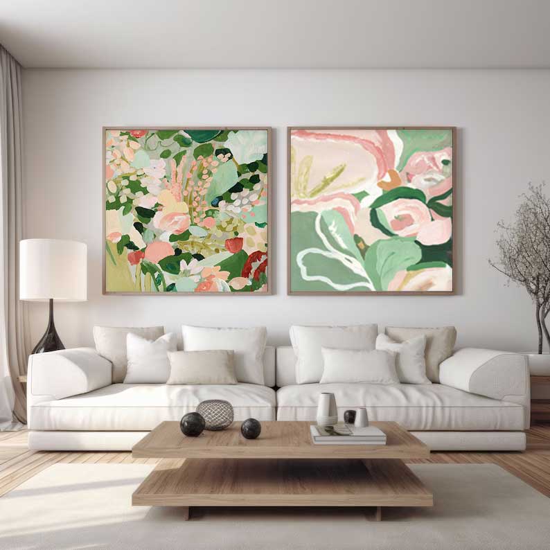 Garden in Bloom - Pink and Green Floral Canvas Wall Art Diptych