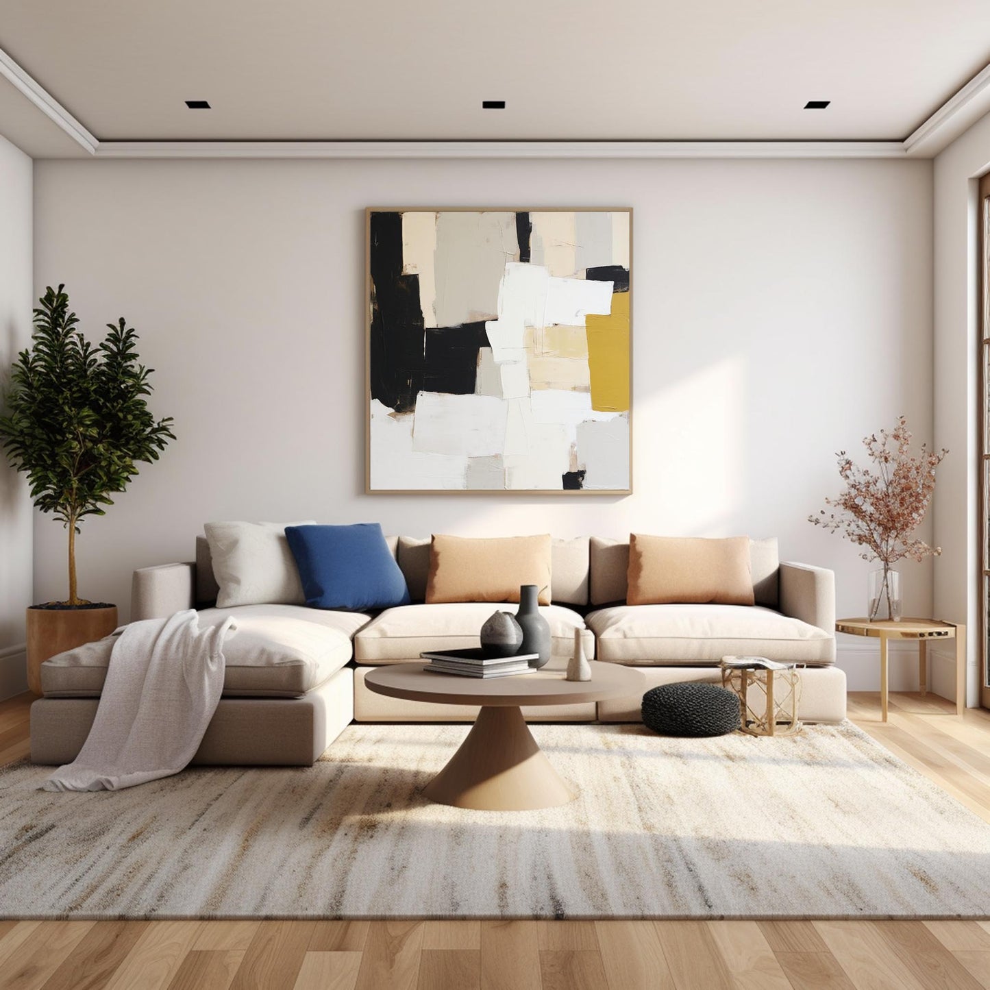 Structure - Textured Black White Abstract Wall Art with Yellow Accents