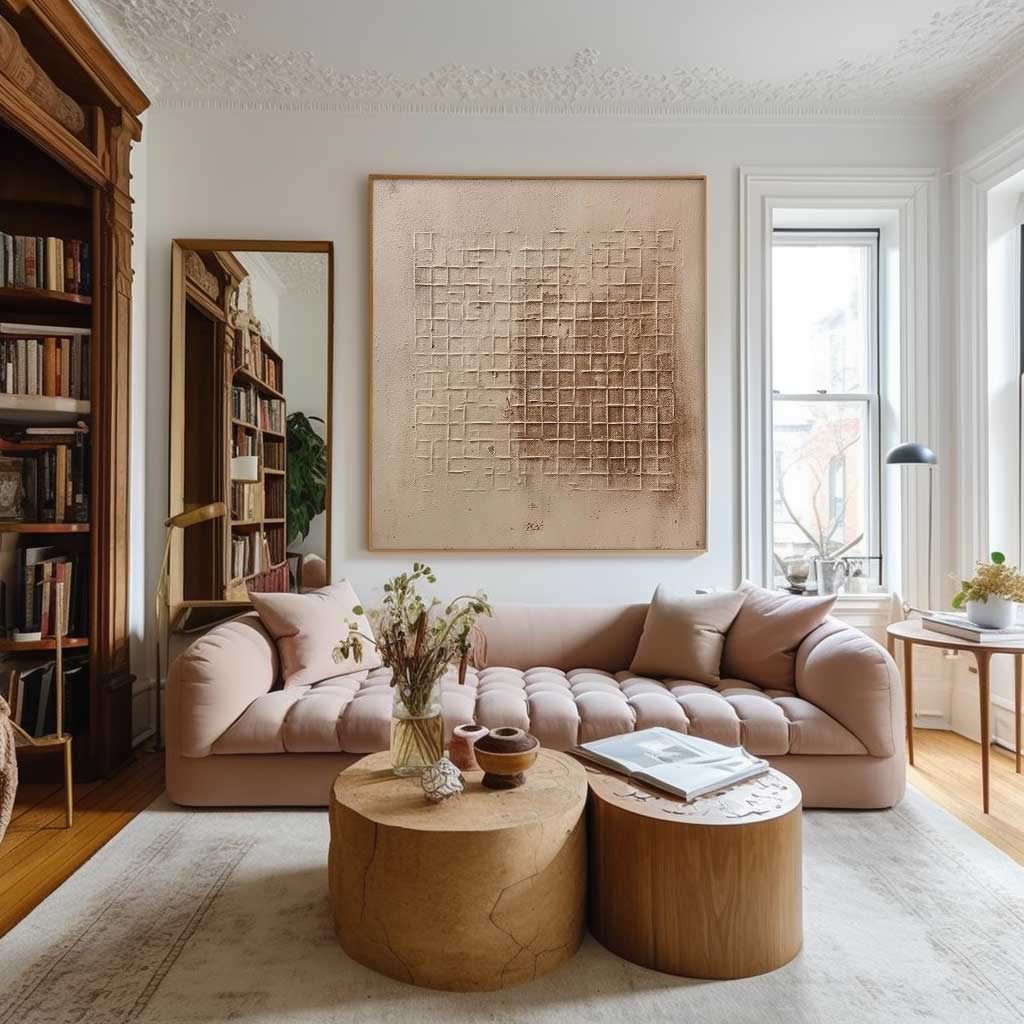 Wabi Sabi Grid - Textured Tile Wall Art in Beige Minimalist Style