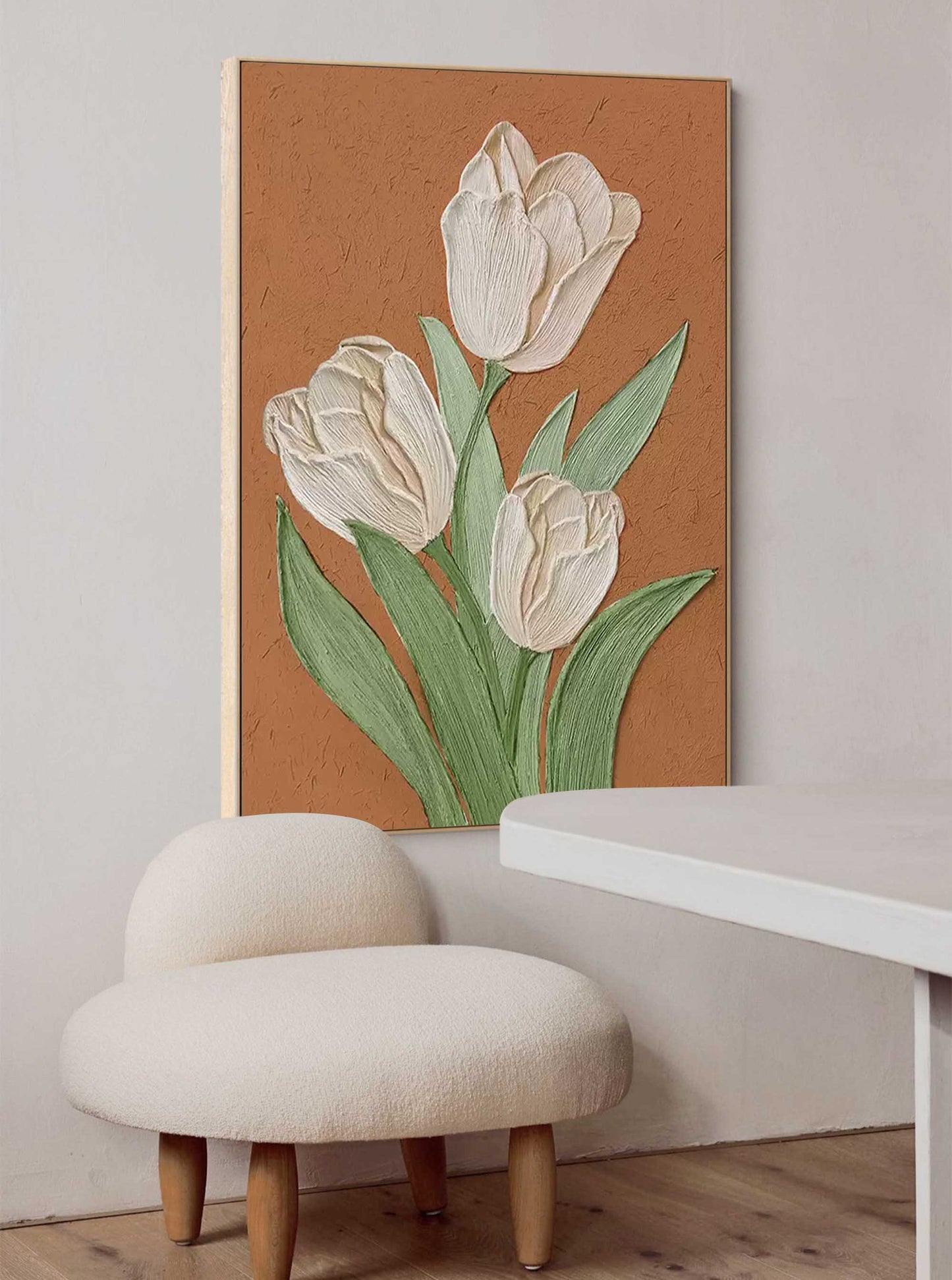 Earthen Tulips - Textured Terracotta and White Tulip Wall Art