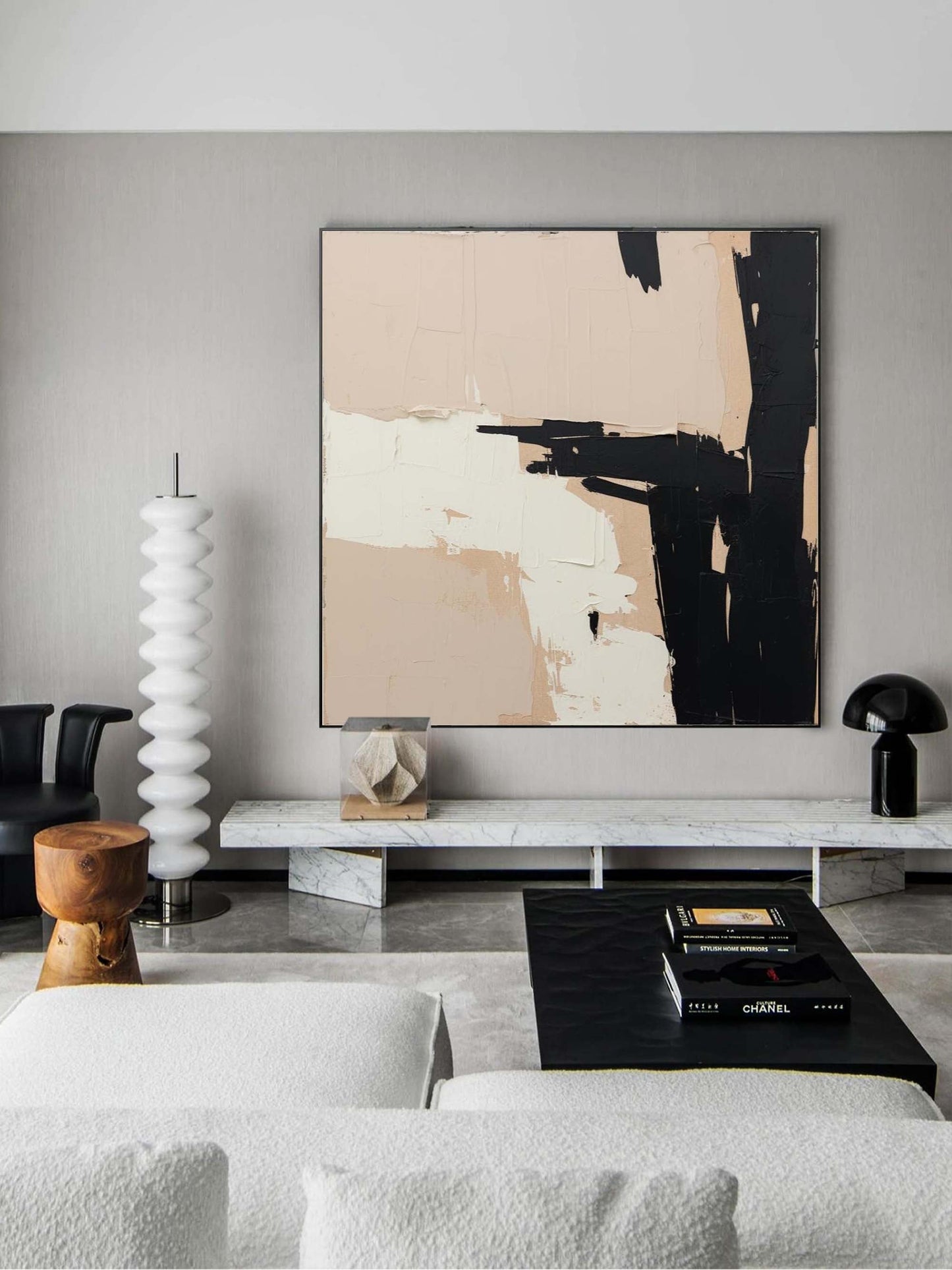 Intersection - Black and White Abstract Art Textured Canvas
