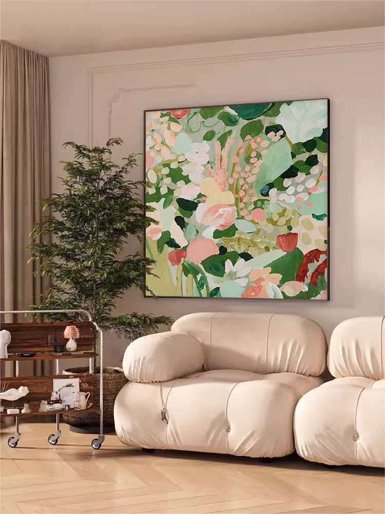 Garden Medley - Contemporary Pink and Green Abstract Floral Wall Art