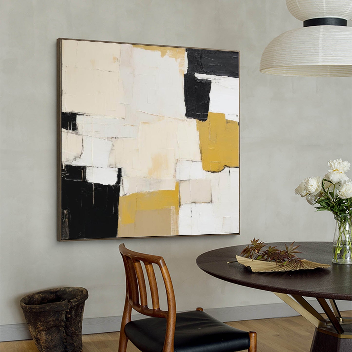 Structure in Ochre - Textured Black White Painting Abstract