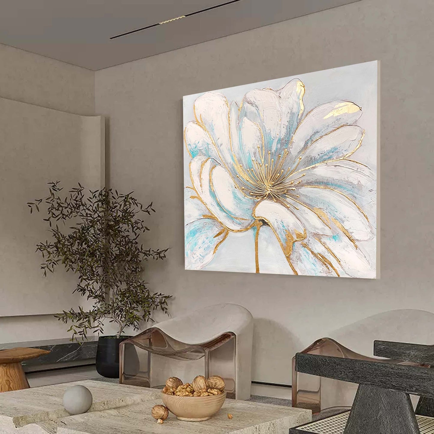Gilded Bloom - Elegant White Gold Wall Art, Modern Floral Painting