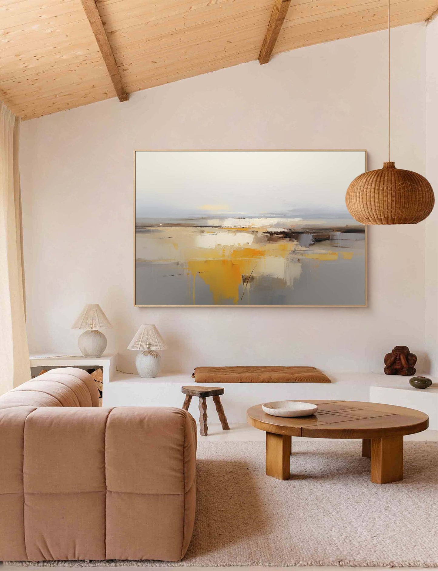 Golden Horizon - Serene Muted Landscape Art, Abstract Yellow and Gray Painting