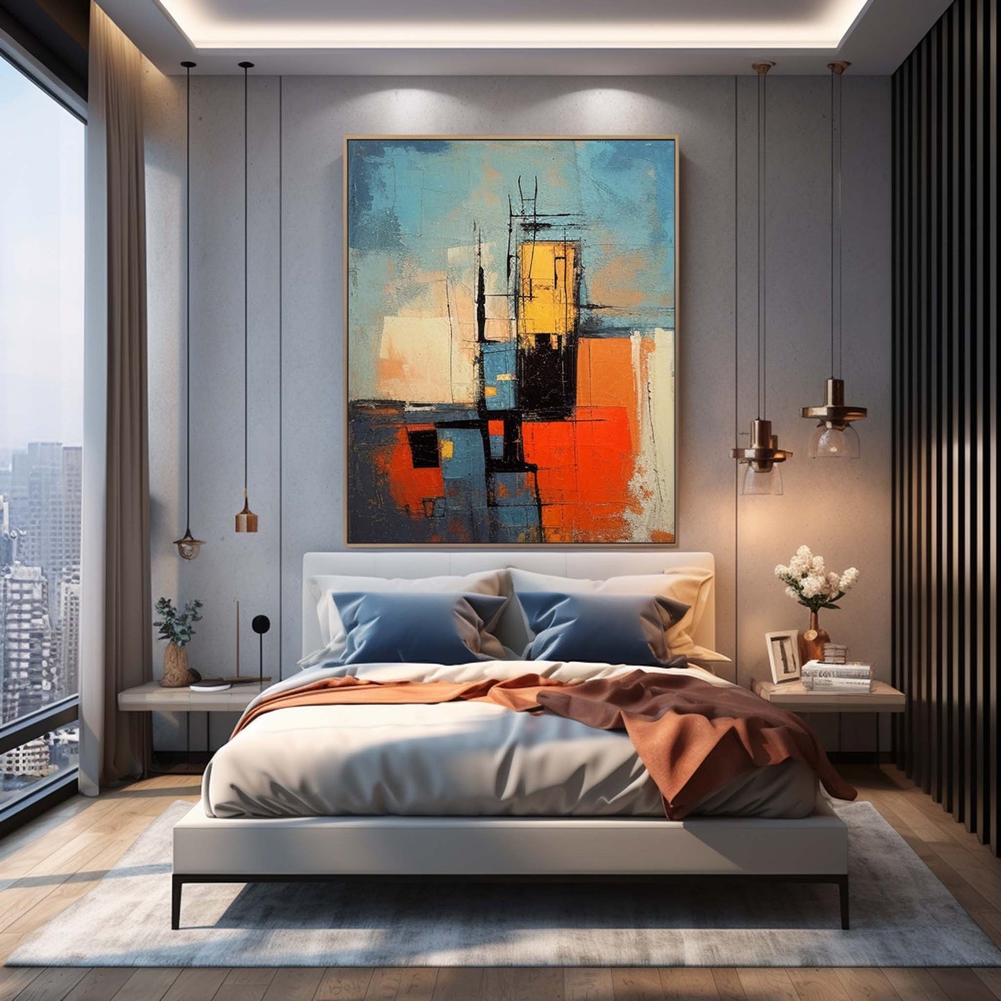City Grid - Abstract Urban Orange and Blue Wall Art