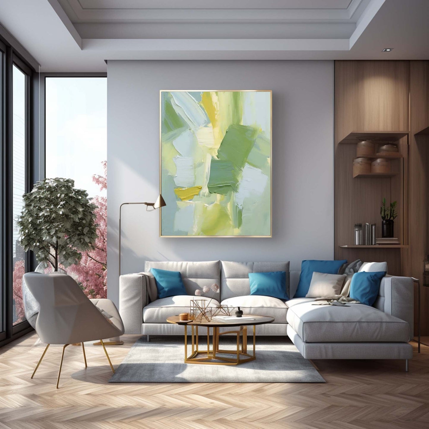 Spring Breeze - Textured Green Modern Art in Yellow and Blue