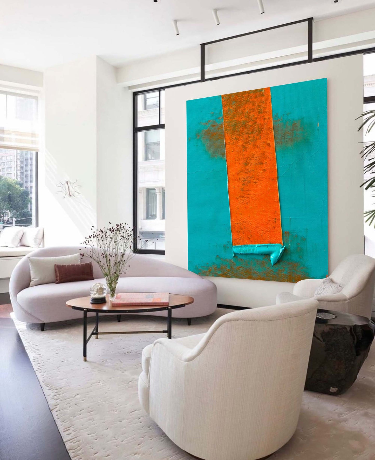 Bold Stripe - Minimalist Teal Orange Wall Art with Heavy Texture