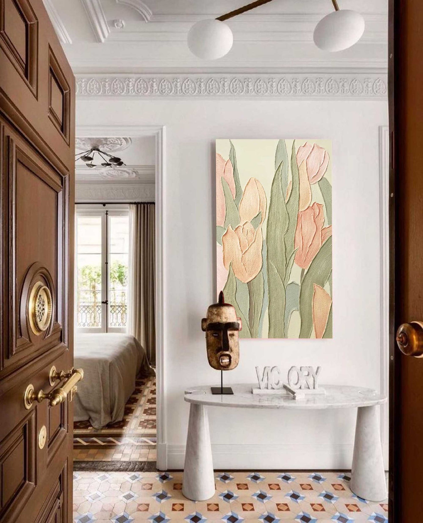 Pastel Tulips - Tall Vertical Wall Art with Heavy Texture