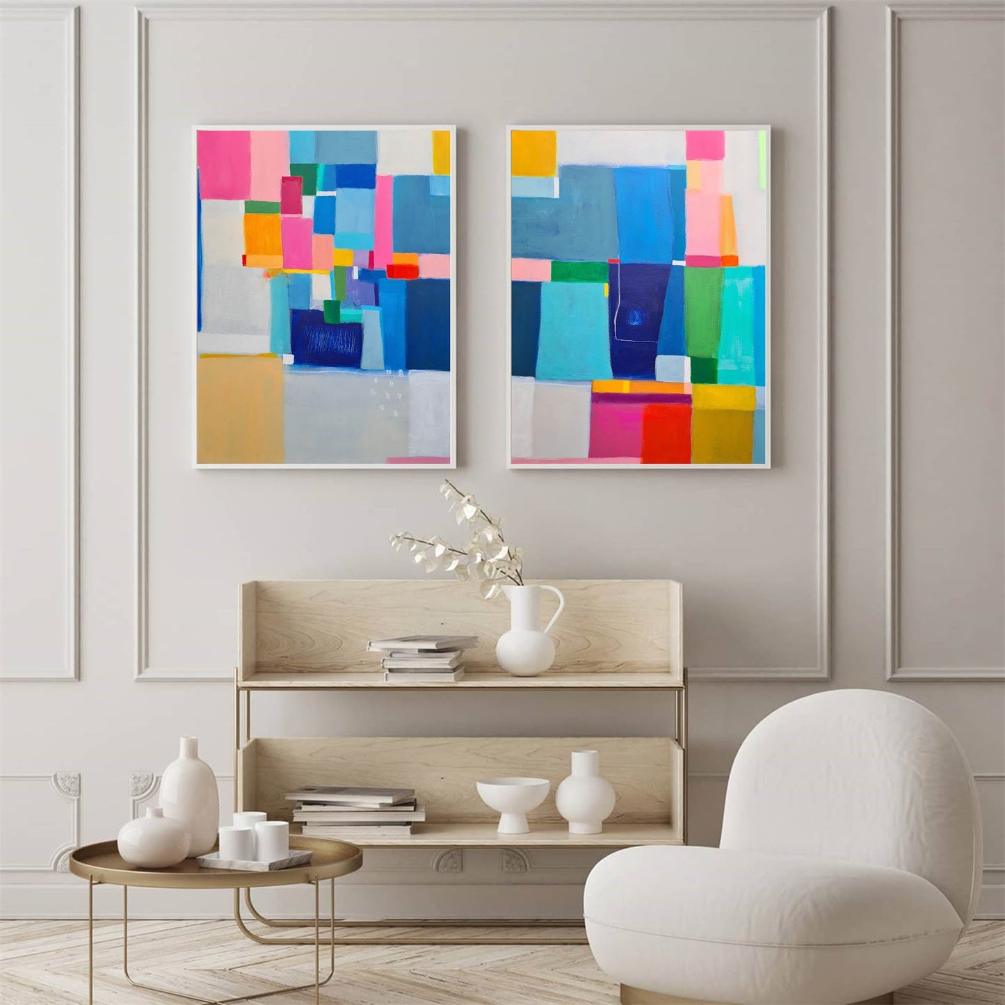 Color Blocks - Wall Art Set of 2 Colorful Geometric Canvas Paintings