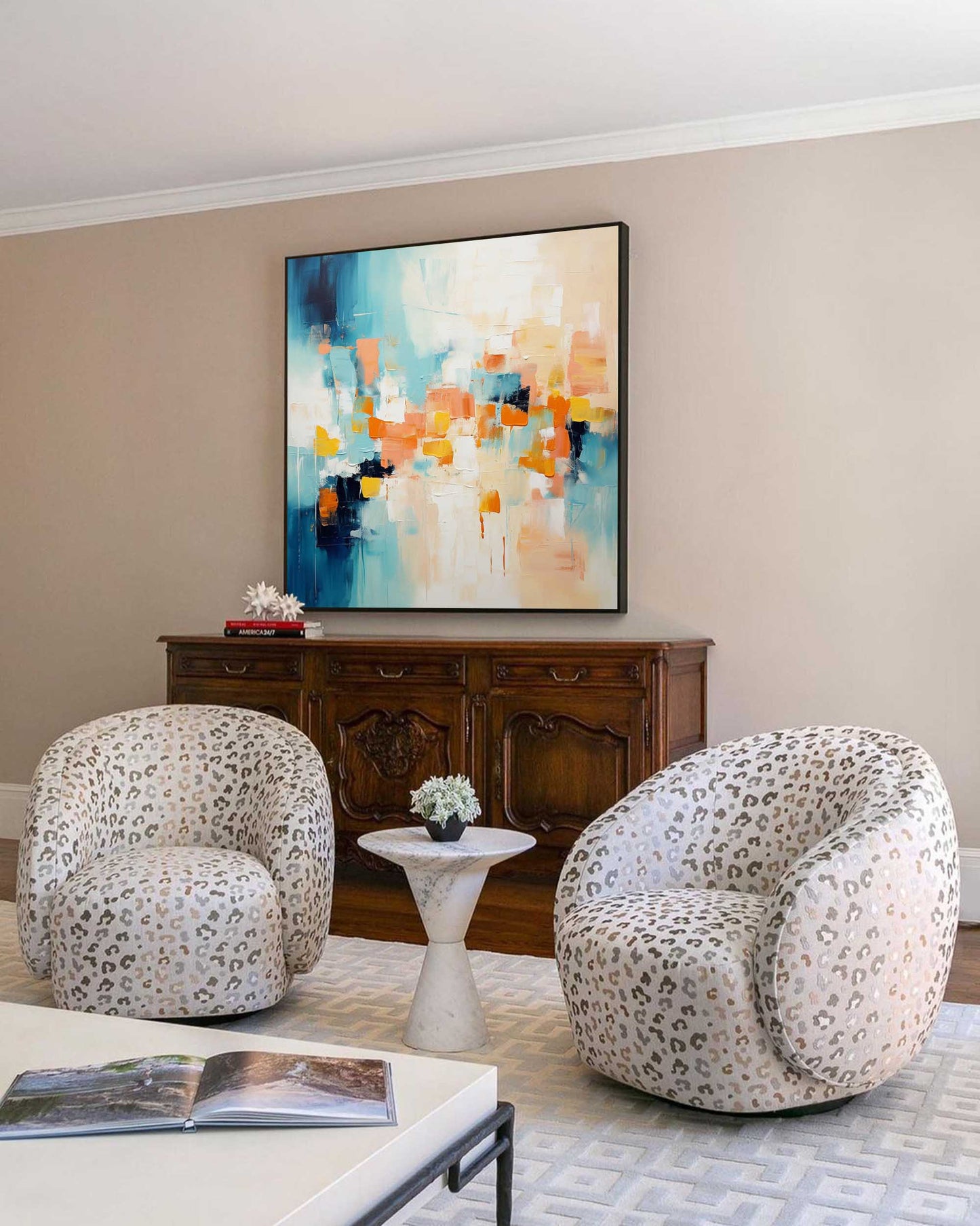 Urban Sunset - Abstract Teal Orange Wall Art, Large Expressionist Painting