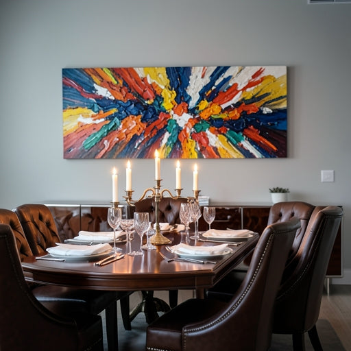 Large vibrant abstract art piece hanging in a modern, elegant dining room.