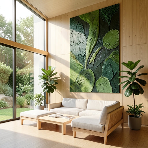 A large green abstract textured painting hanging in a sunlit modern room with plants.