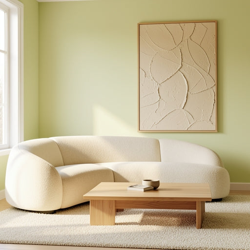 Large beige abstract textured wall art hanging in a modern minimalist living room.