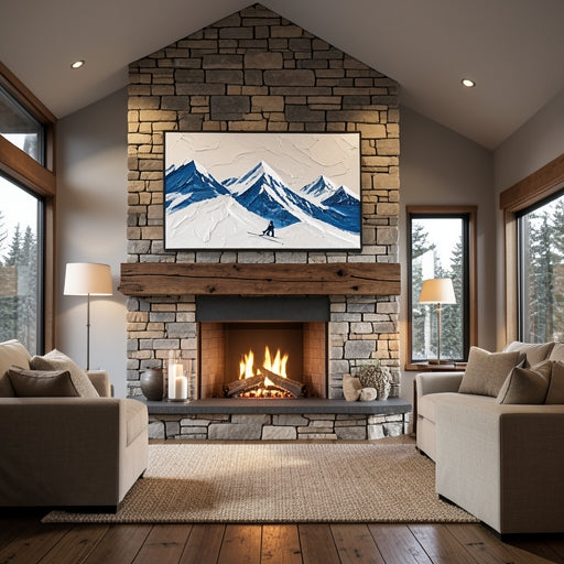 Large 3D textured ski art hanging above a stone fireplace in a mountain cabin.