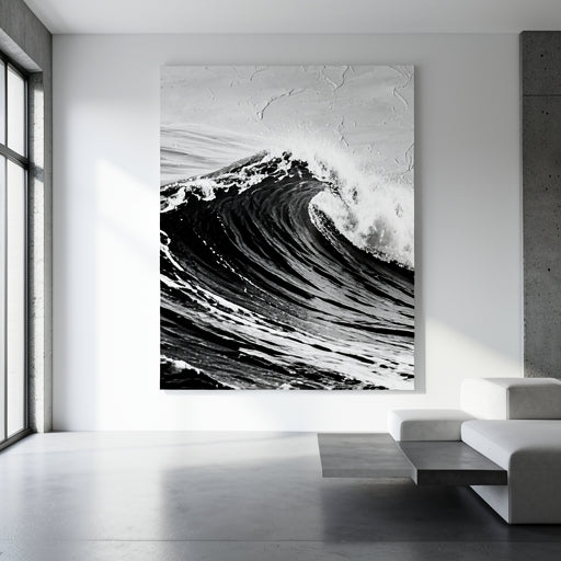 Large black and white abstract wave painting with 3D texture in a modern room.