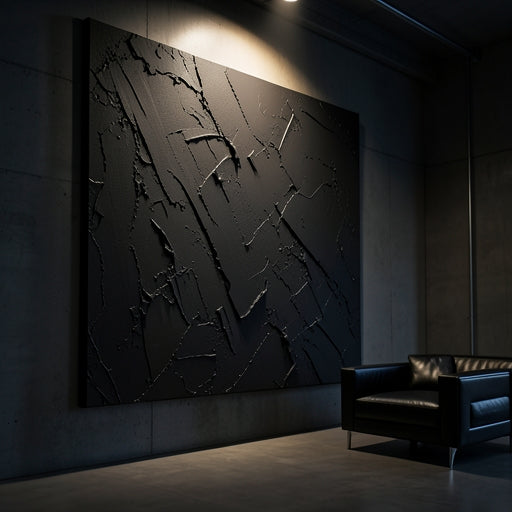 A large black textured canvas painting with 3D impasto ridges in a luxury loft.