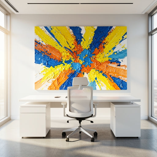 A vibrant colorful abstract painting hanging in a bright modern office.