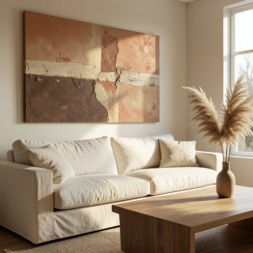 A large earthy-toned abstract textured painting displayed in a warm, cozy living room.
