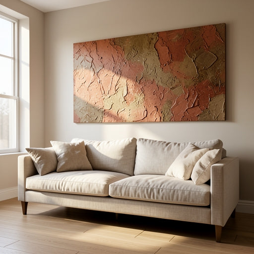 A large earthy tones wall art piece with 3D texture in a cozy living room.