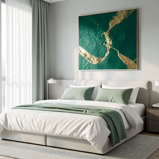 A large emerald green textured abstract painting styled above a bed in a modern bedroom.
