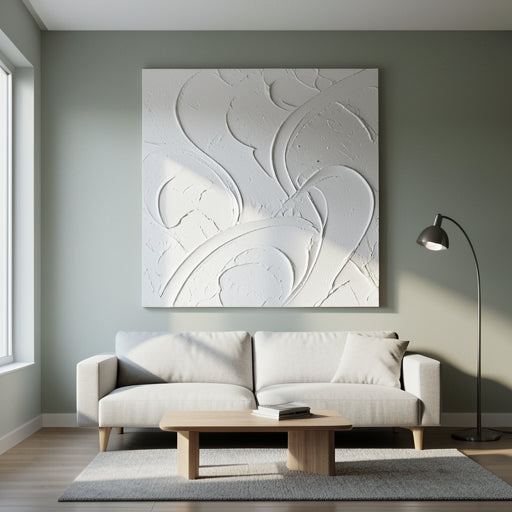 Large white textured wall art in a modern minimalist living room.