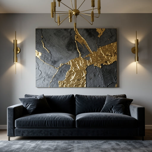 Large grey and gold textured abstract wall art in a modern living room.