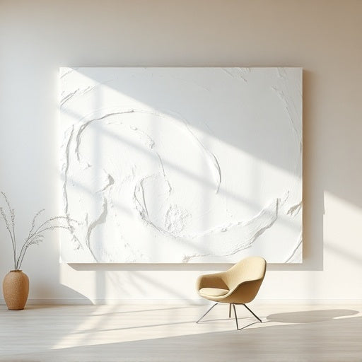 A large-scale minimalist abstract textured painting in a modern serene living room.