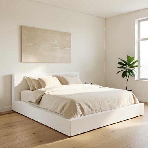 A serene minimalist bedroom featuring a large beige textured abstract canvas art piece above the bed.