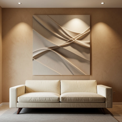 A large sculptural beige textured painting representing 2026 modern art trends.