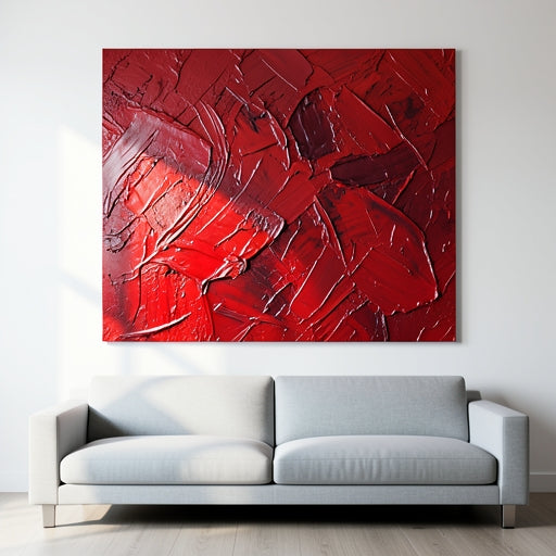A large red abstract painting with thick 3D texture hanging above a gray sofa.