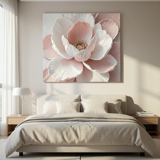A large romantic abstract floral wall art piece with 3D texture in a modern bedroom.