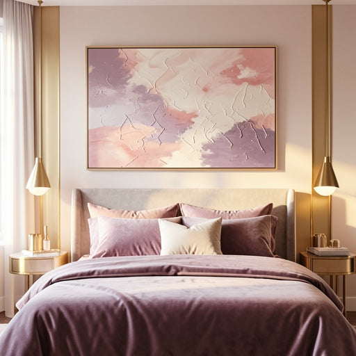 A romantic pastel abstract painting with 3D texture styled in a modern, dreamy bedroom.
