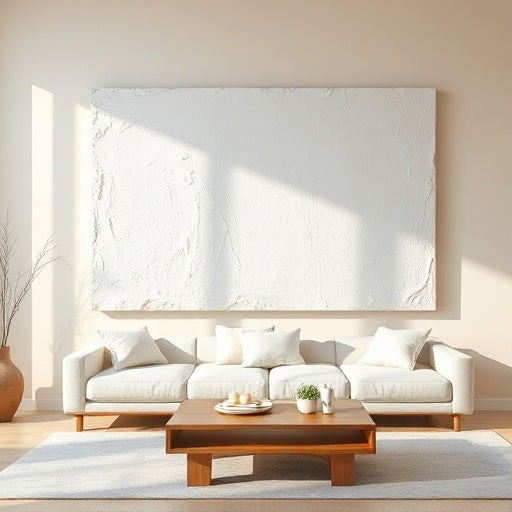 Large neutral textured wall art hanging above a cream sofa in a minimalist living room.