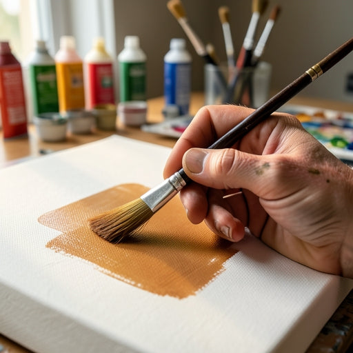 An artist applying a transparent paint wash to tone a canvas.
