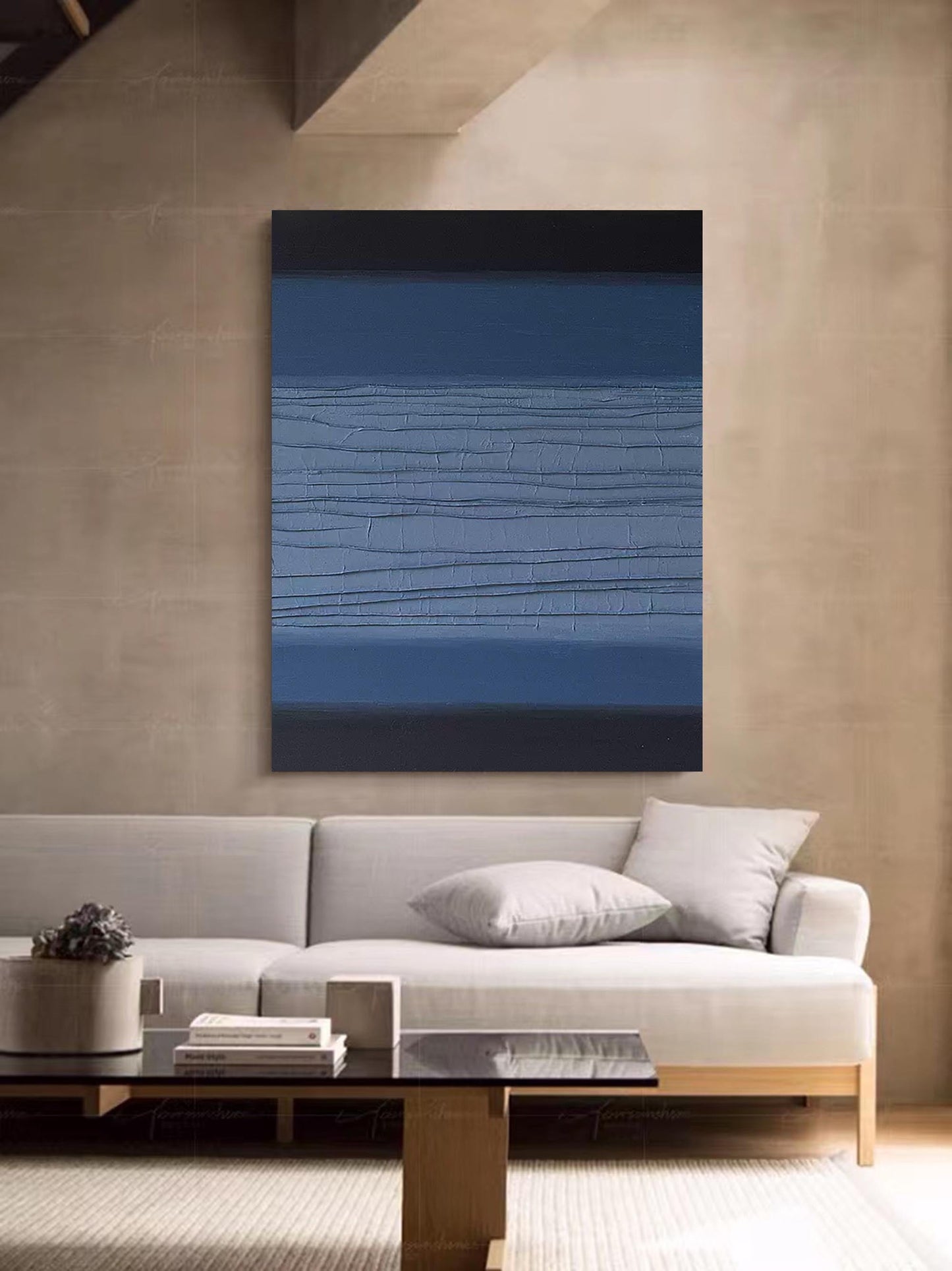 Deep Horizons - Textured Blue and Black Art in Minimalist Style