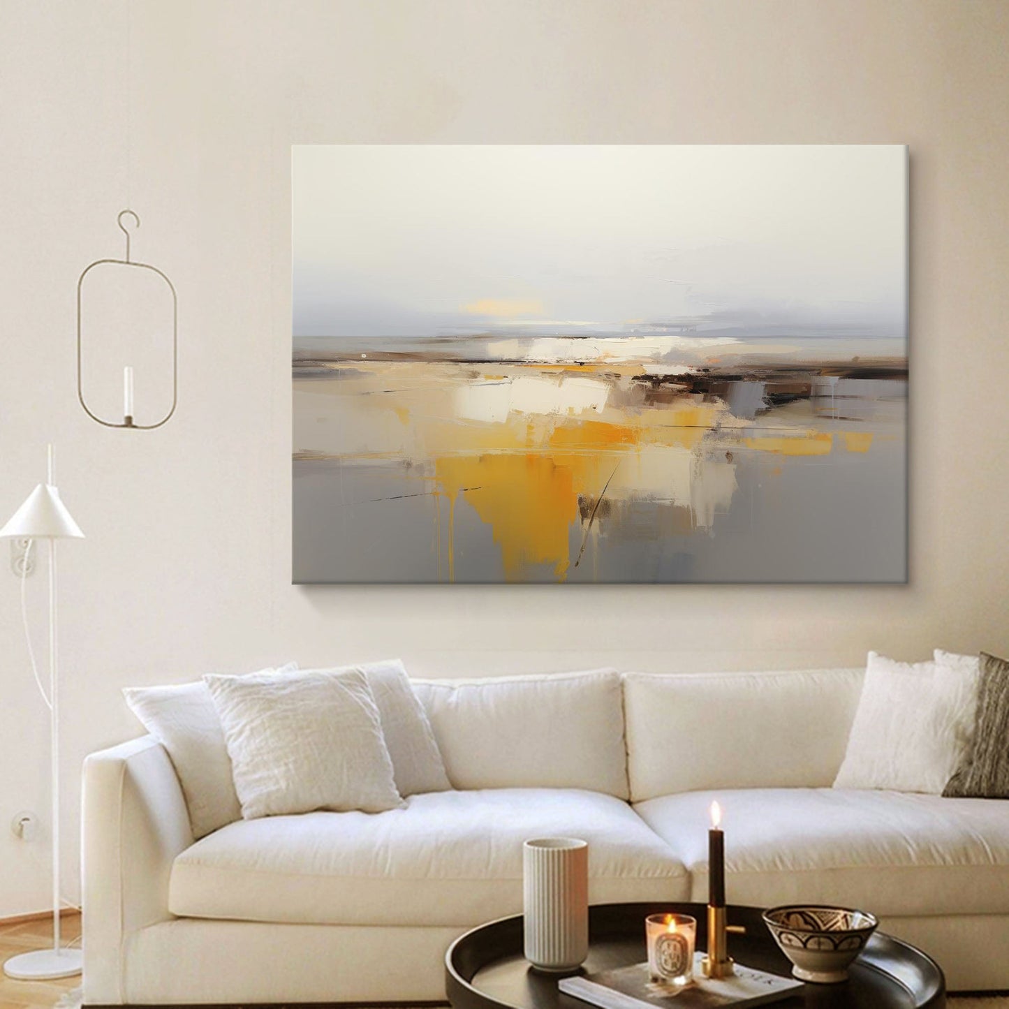 Golden Horizon - Serene Muted Landscape Art, Abstract Yellow and Gray Painting