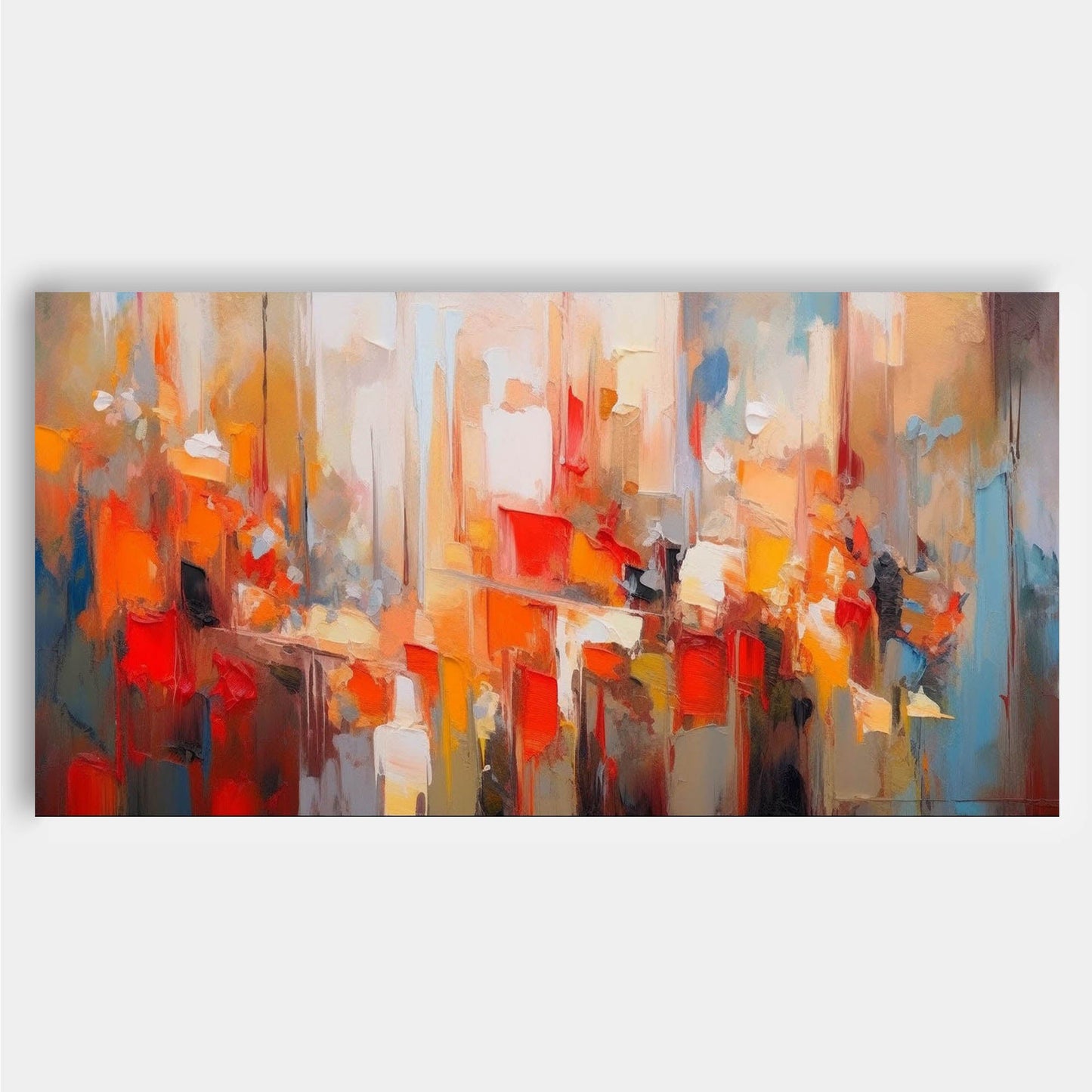Urban Glow - Abstract Cityscape Oil Painting, Large Horizontal Art