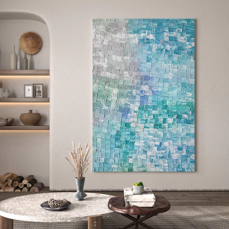 Serene Mosaic - Blue and Grey Tranquil Wall Art, Textured Painting