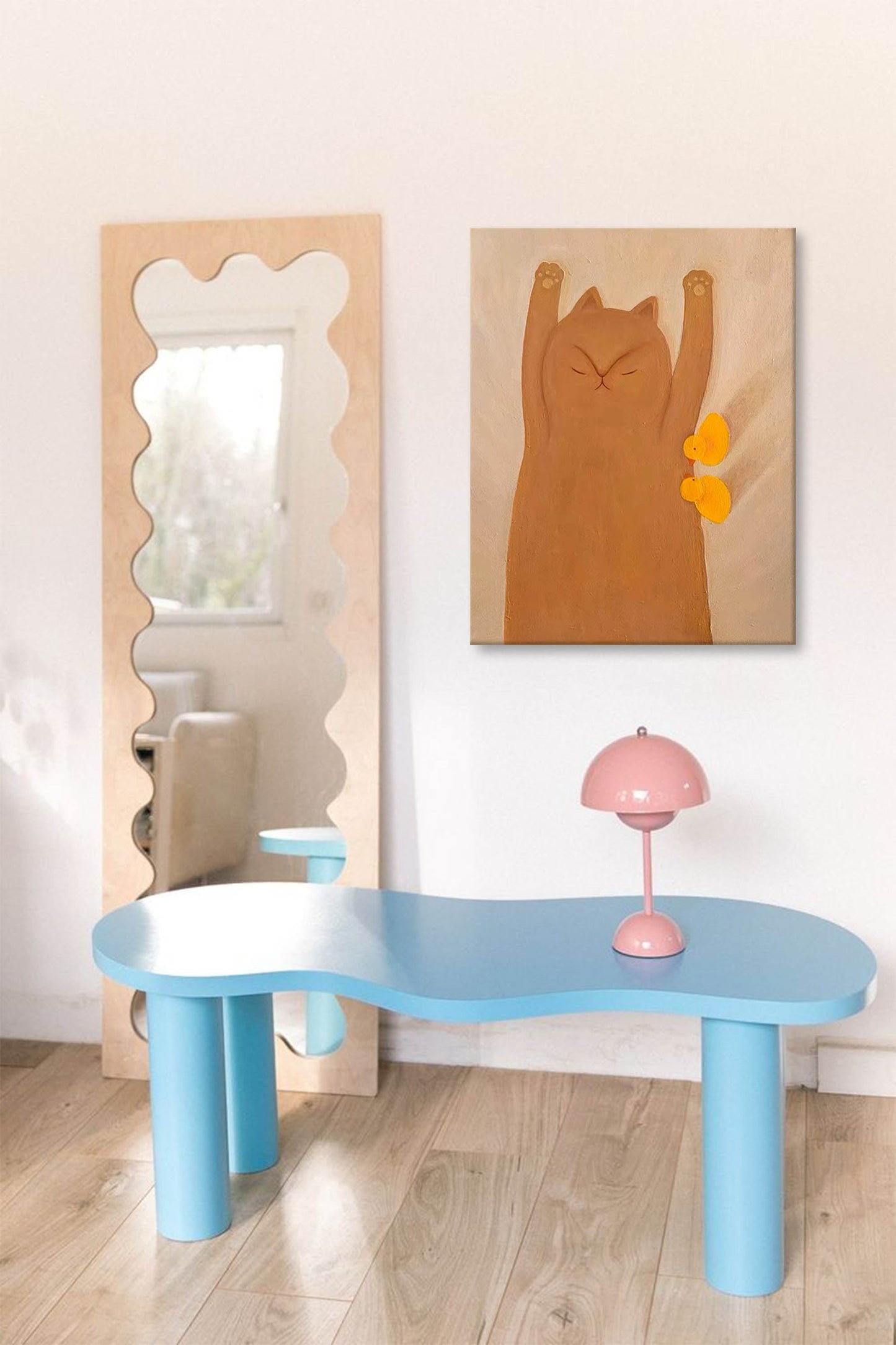 Morning Stretch - Cute Cat and Chick Nursery Wall Art