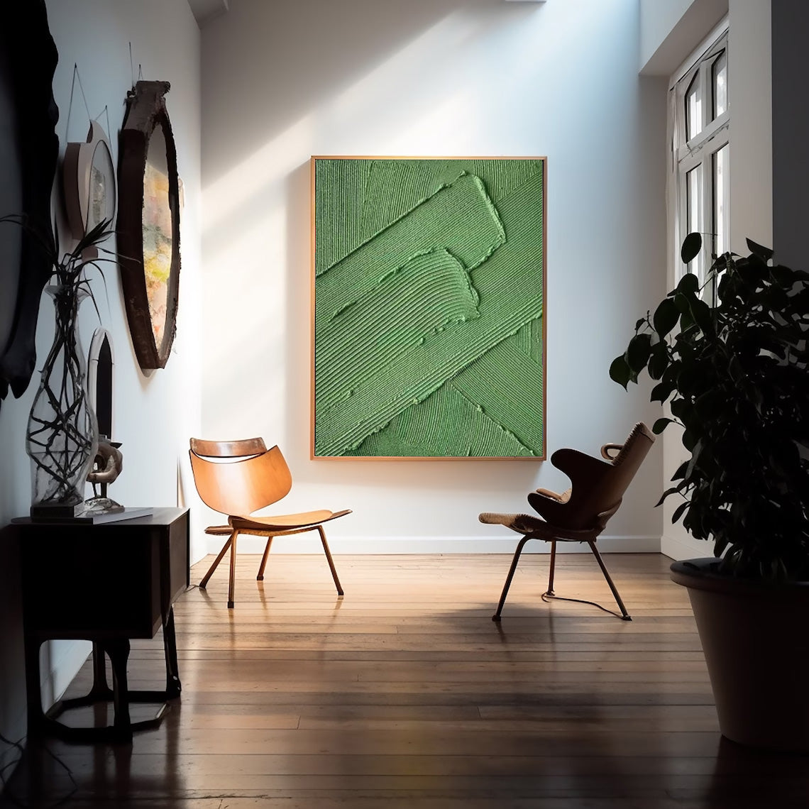 Serene Strokes - Minimalist Sage Green Plaster Art with Combed Texture