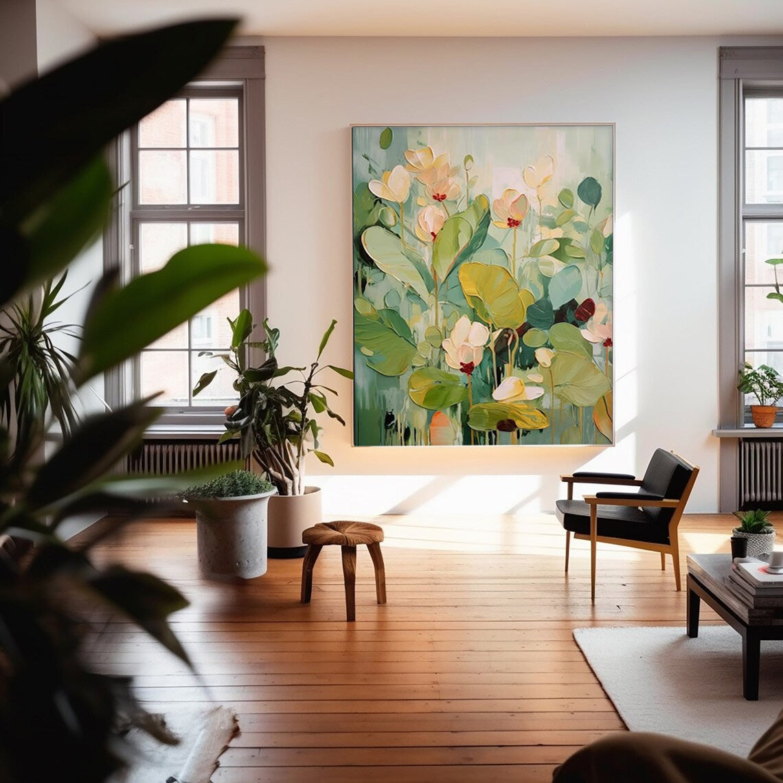 Serene Water Garden - Textured Lotus Flower Canvas Painting