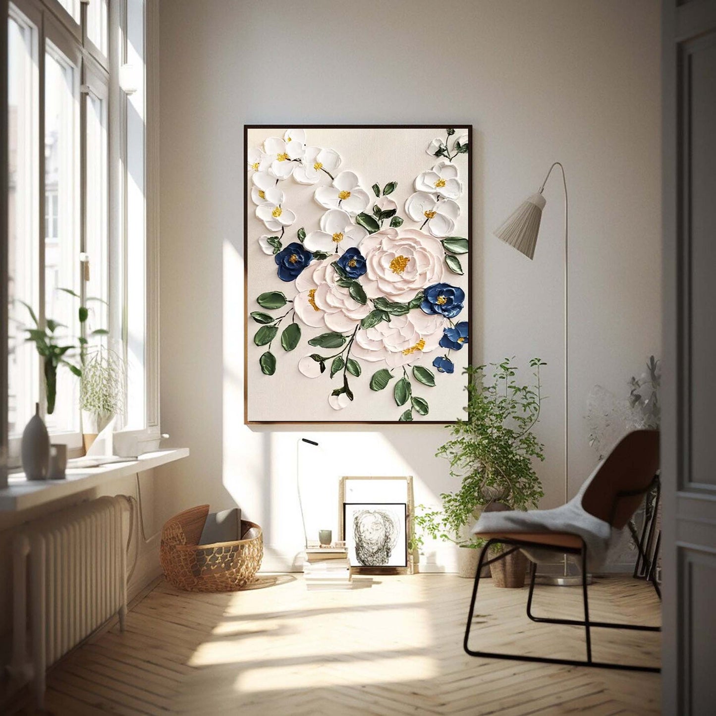 Timeless Bouquet - Elegant 3D White Flower Wall Art with Blue Accents