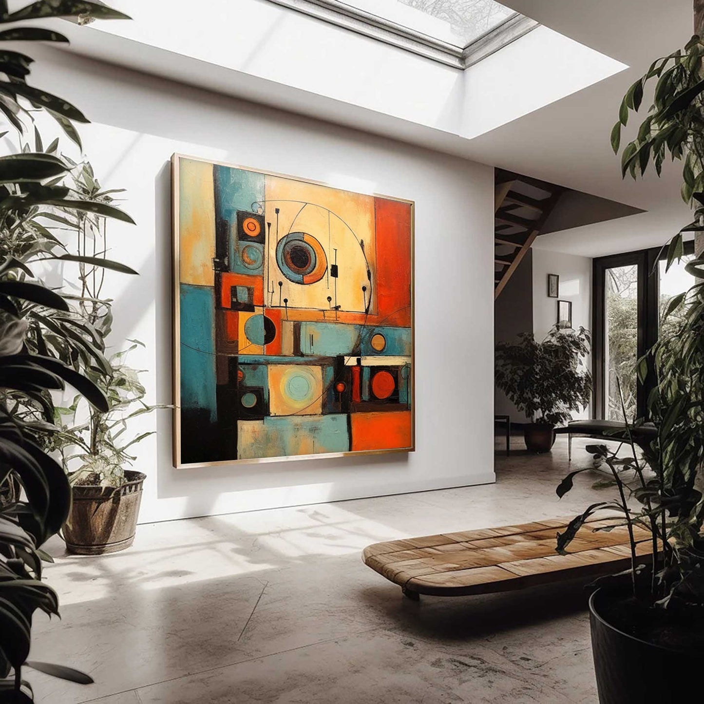 Retro Schematic - Teal and Orange Art Deco Abstract Painting