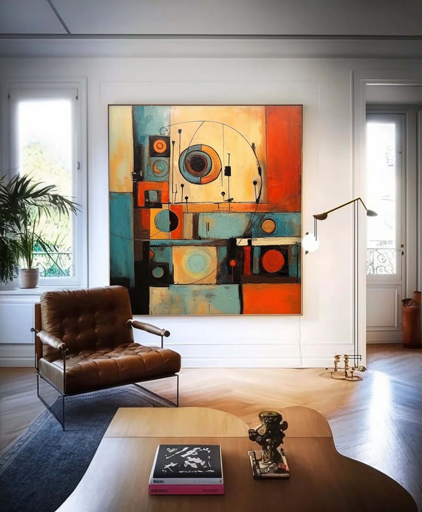 Retro Schematic - Teal and Orange Art Deco Abstract Painting