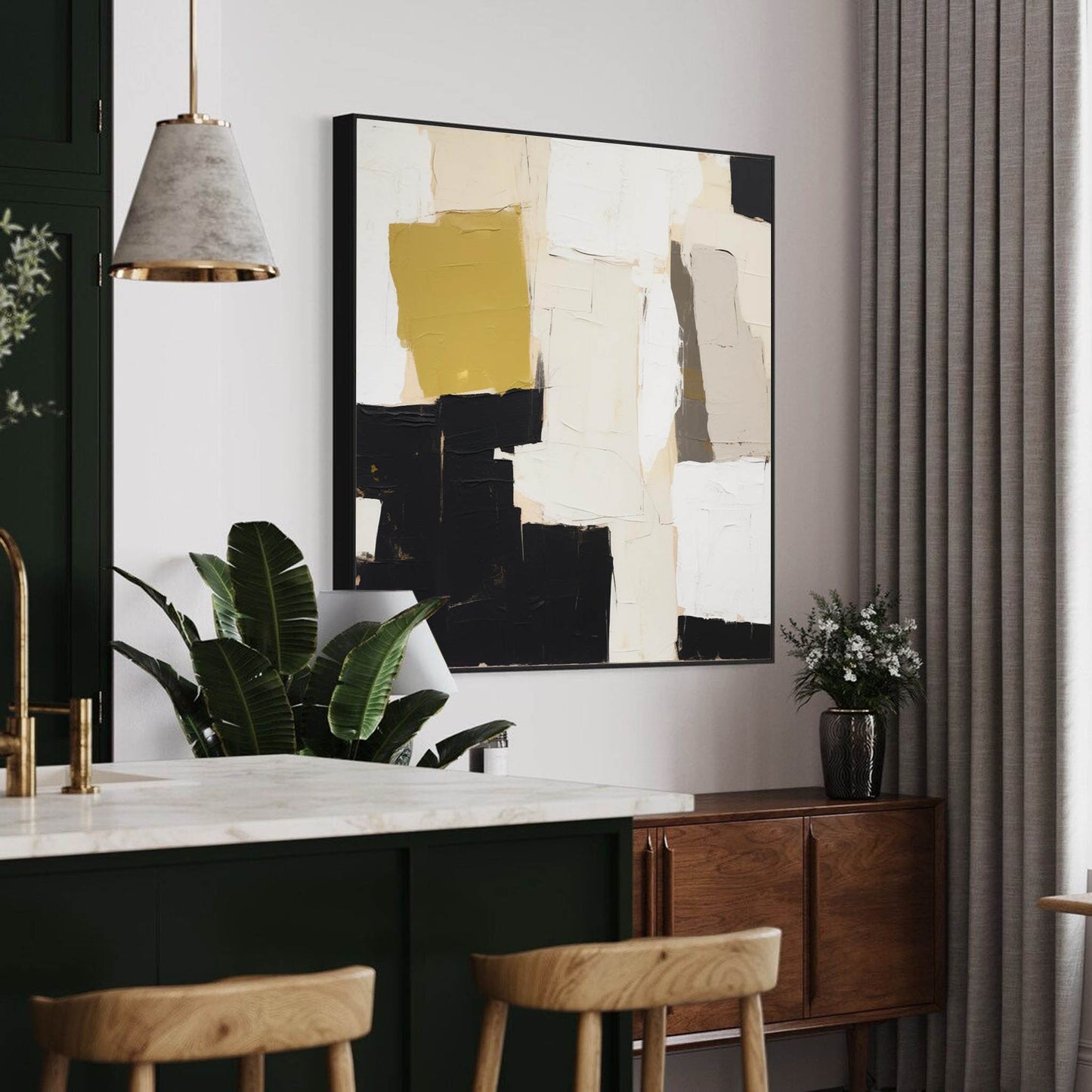 Textured Neutral Forms - Modern Beige Abstract Art with Black and Yellow