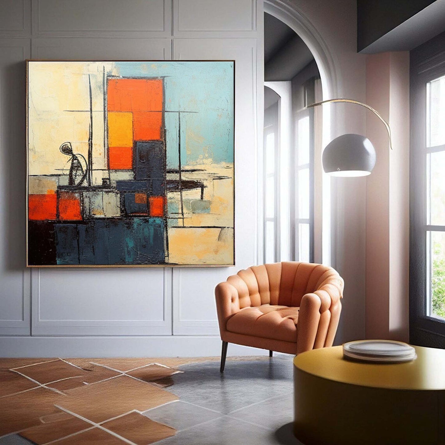 Urban Contemplation - Retro Teal and Orange Abstract Cityscape Painting