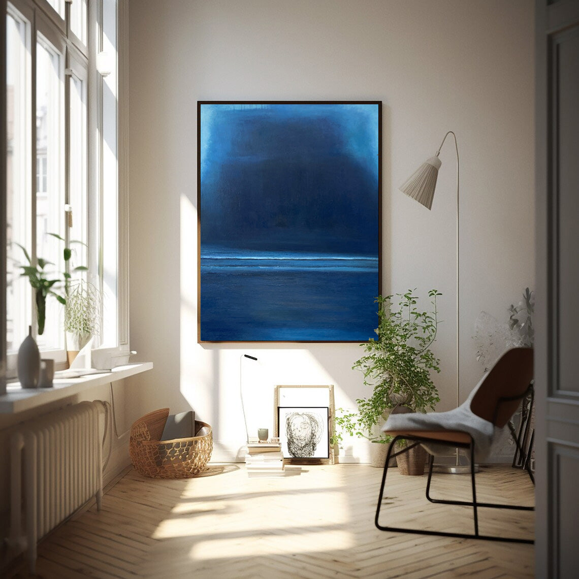 Midnight Horizon - Minimalist Dark Ocean Painting in Deep Blue