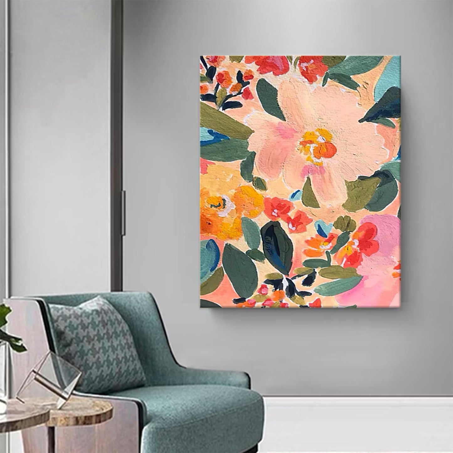 Garden Party - Contemporary Floral Oil Painting, Colorful Peach Wall Art