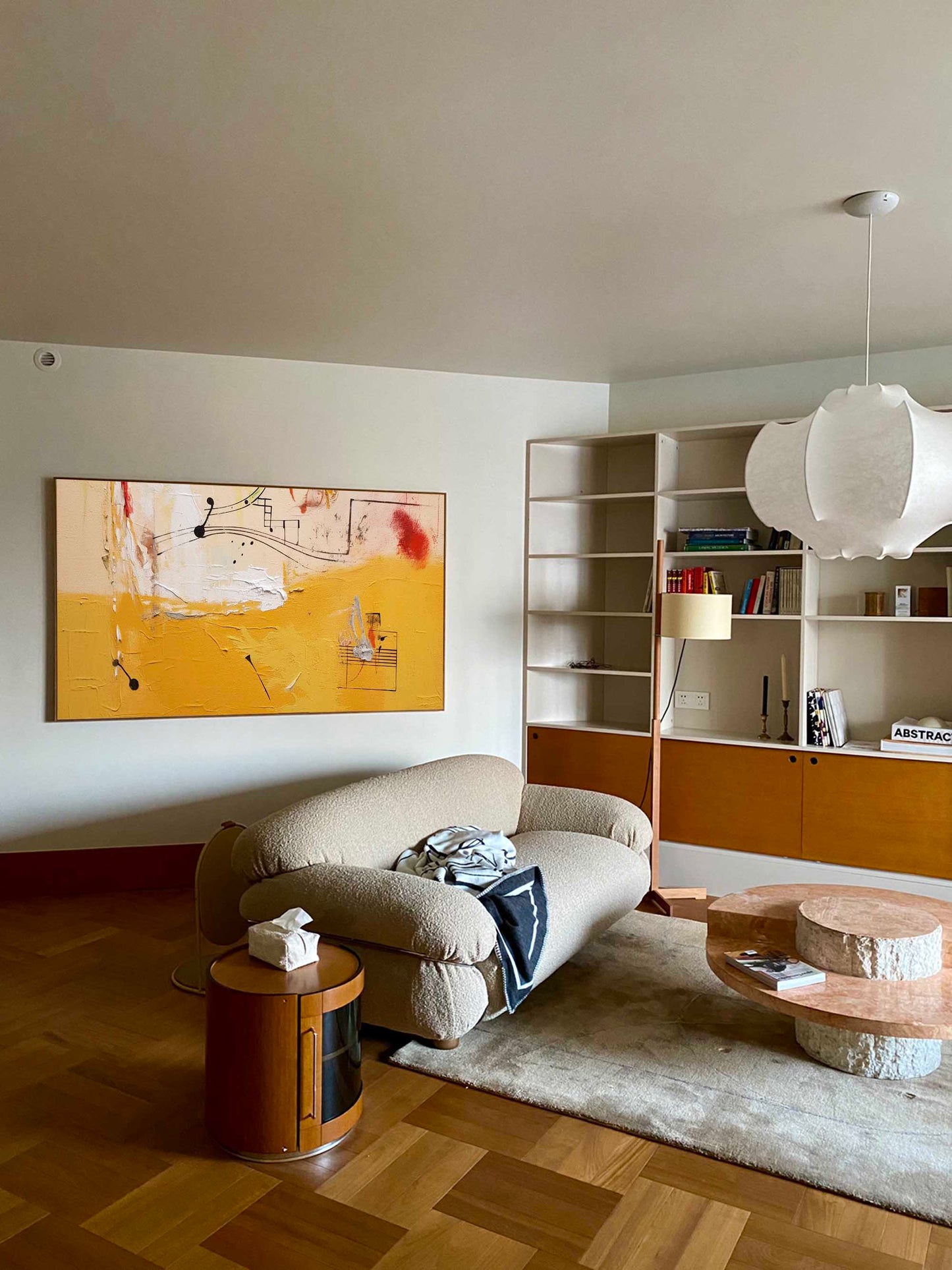 Musical Score - Yellow and Red Abstract Painting on Black Canvas